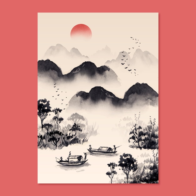Modelo de cartaz de estilo chinês em aquarela