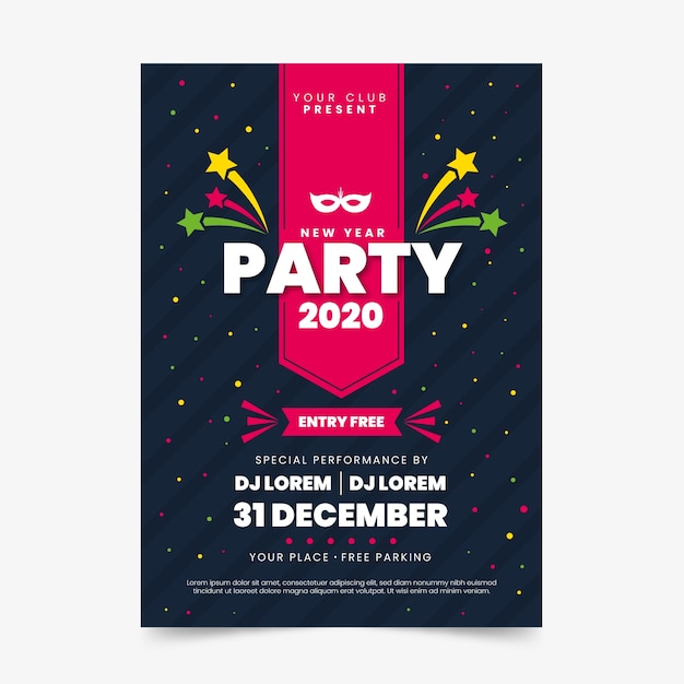 Modelo de cartaz de festa ano novo 2020 em design plano