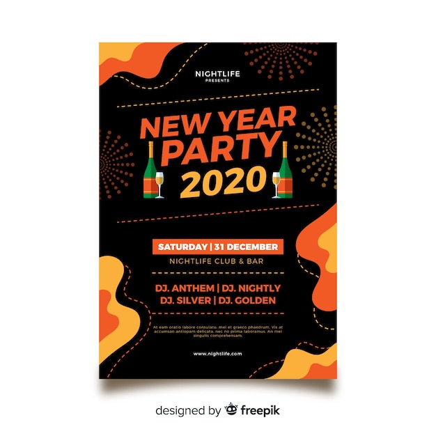 Modelo de cartaz de festa ano novo 2020 em design plano