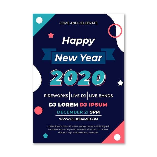 Modelo de cartaz de festa ano novo 2020 em design plano