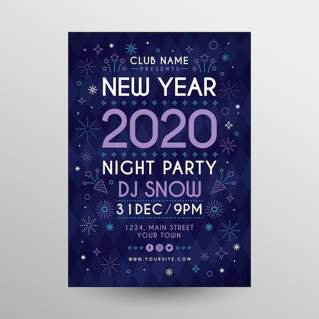 Modelo de cartaz de festa ano novo 2020 em design plano