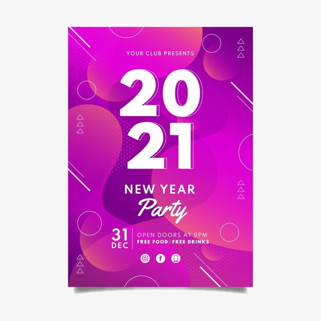 Modelo de cartaz de festa de ano novo 2021 de design plano