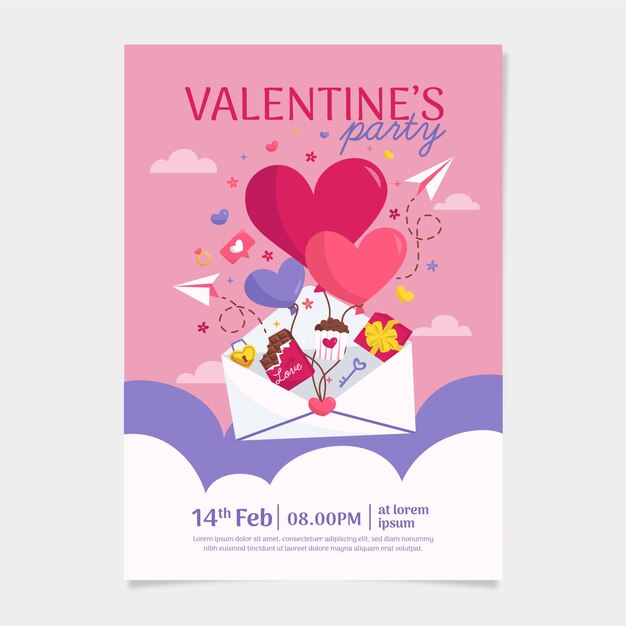 Modelo de cartaz de festa de dia dos namorados de design plano
