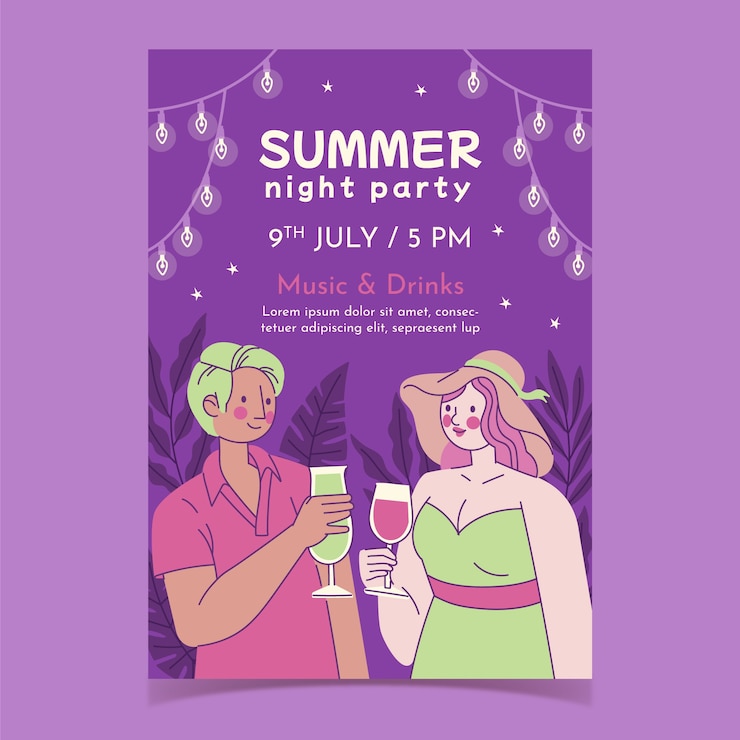 Vetor grátis modelo de cartaz de festa de noite de verão plana com casal tomando coquetéis