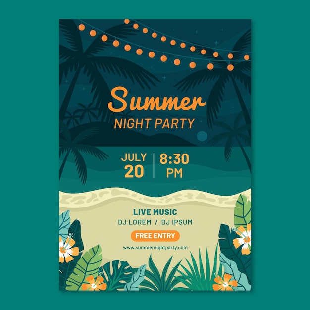 Vetor grátis modelo de cartaz de festa de noite de verão plana com praia e folhas