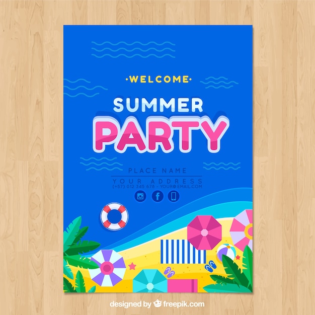 Modelo de cartaz de festa de verão com design plano