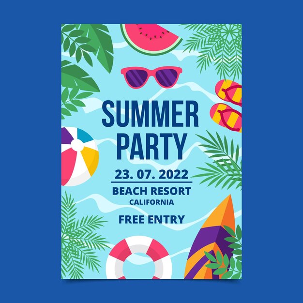 Modelo de cartaz de festa de verão de design plano