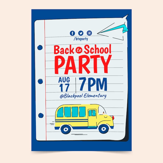 Modelo de cartaz de festa de volta às aulas plana com ônibus escolar