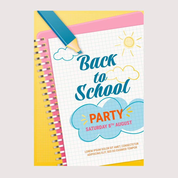Modelo de cartaz de festa de volta às aulas realista com caderno e lápis