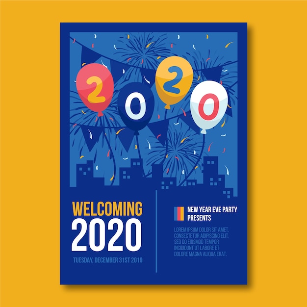 Modelo de cartaz de festa design plano ano novo 2020