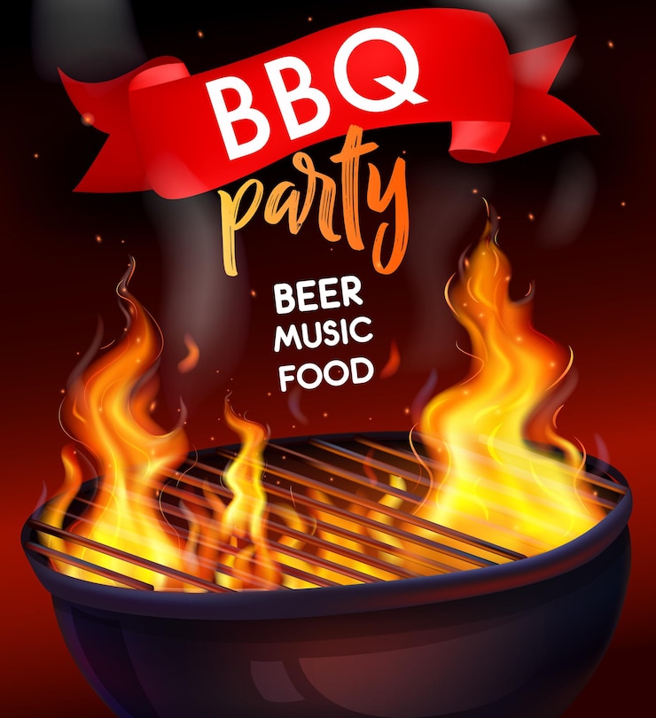 Vetor grátis modelo de cartaz de festa para churrasco. composição de grelha de churrasco com chama de fogo realista com música de cerveja para festa de churrasco título alimentar