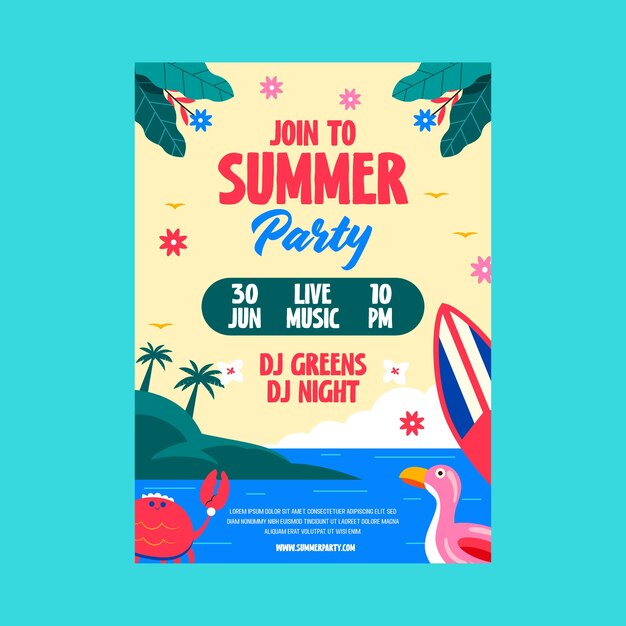 Modelo de cartaz de festa plana para a temporada de verão