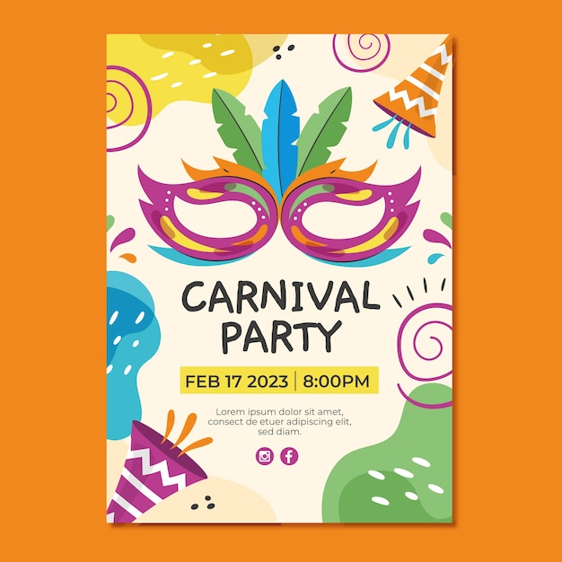 Modelo de cartaz de festa plana vertical para celebração de carnaval