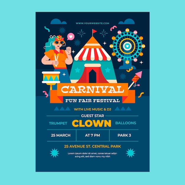 Modelo de cartaz de festa plana vertical para celebração de carnaval