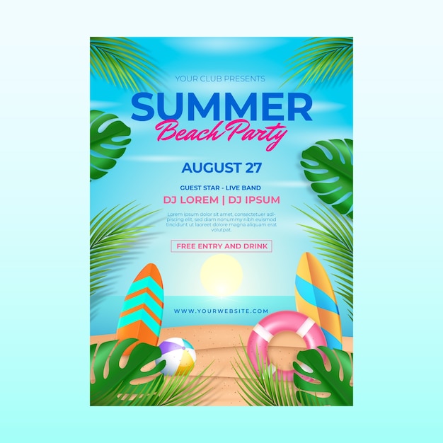 Modelo de cartaz de festa realista para a temporada de verão