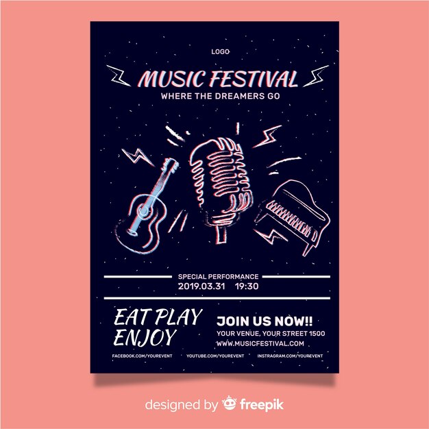 Modelo de cartaz de festival de música desenhado à mão