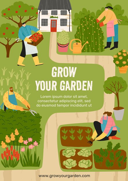 Modelo de cartaz de jardinagem desenhado à mão