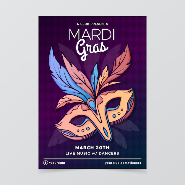 Vetor grátis modelo de cartaz de mão desenhada mardi gras