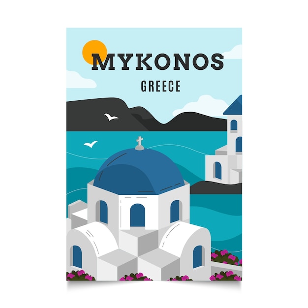Modelo de cartaz de mykonos desenhado à mão