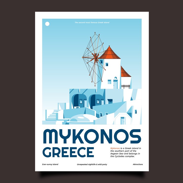 Vetor grátis modelo de cartaz de mykonos desenhado à mão