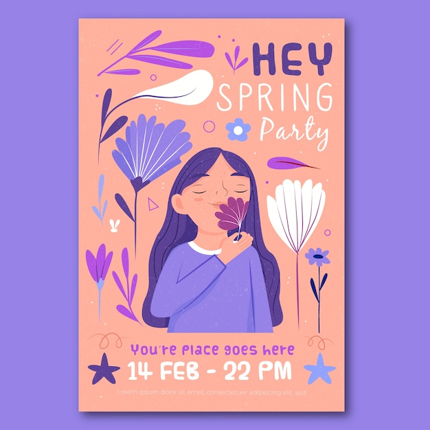 Modelo de cartaz de primavera desenhada mão com illustartion colorido