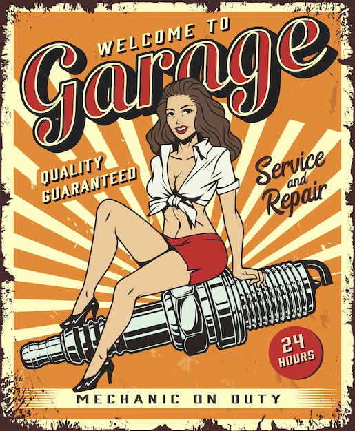 Vetor grátis modelo de cartaz de serviço de garagem vintage com pin up girl