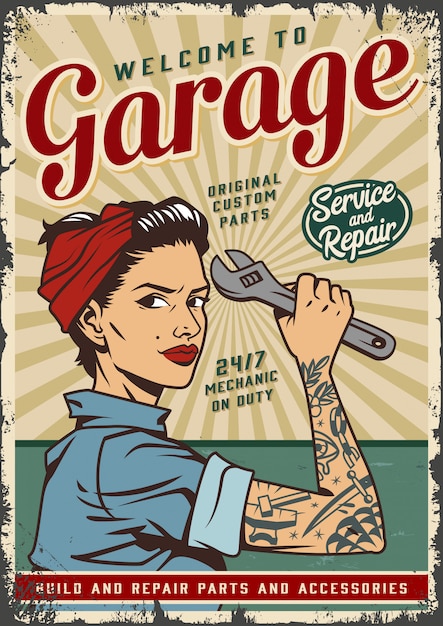 Vetor grátis modelo de cartaz de serviço de garagem vintage com pin up mecânico menina