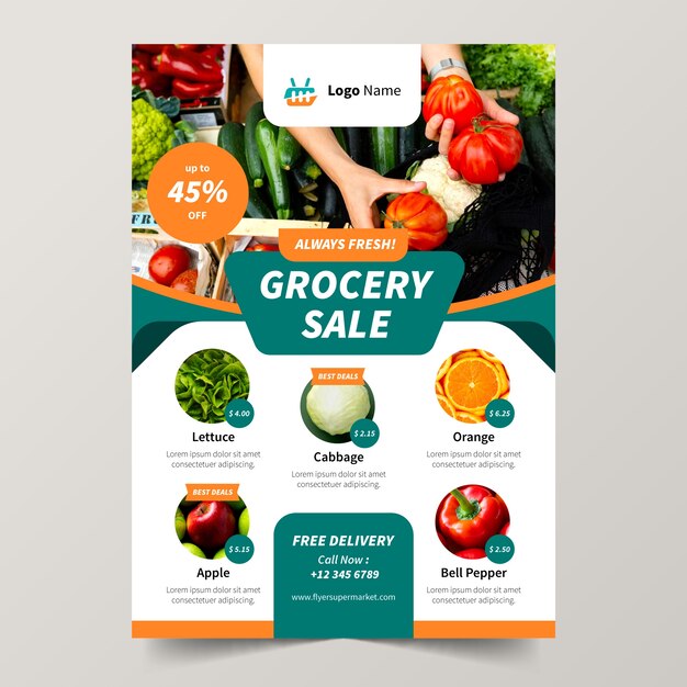 Modelo de cartaz de supermercado de design plano