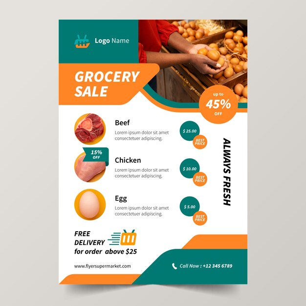 Modelo de cartaz de supermercado de design plano