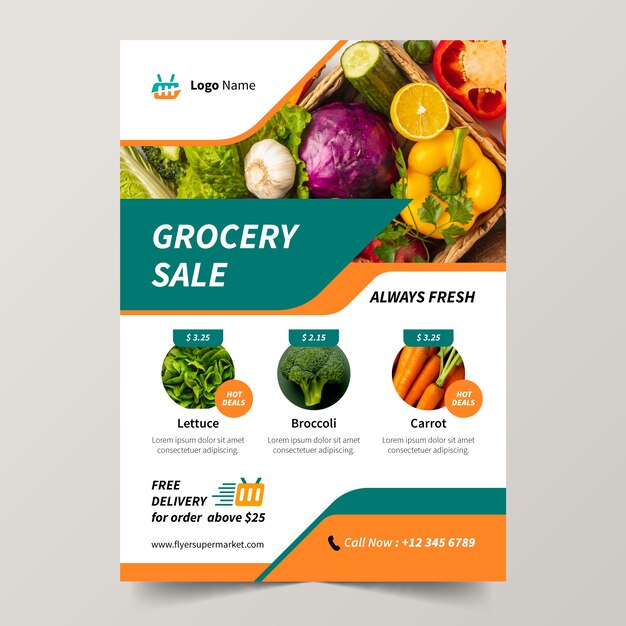 Modelo de cartaz de supermercado de design plano