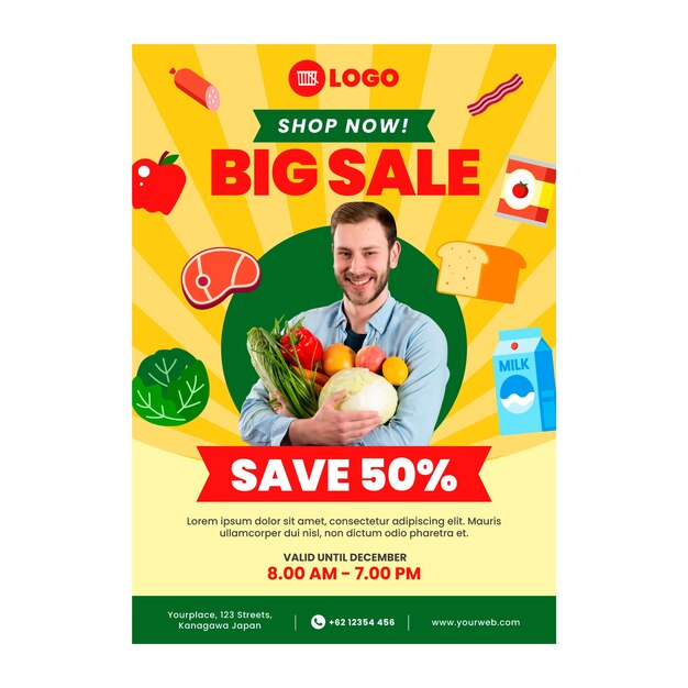 Modelo de cartaz de supermercado de design plano