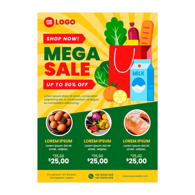 Modelo de cartaz de supermercado de design plano