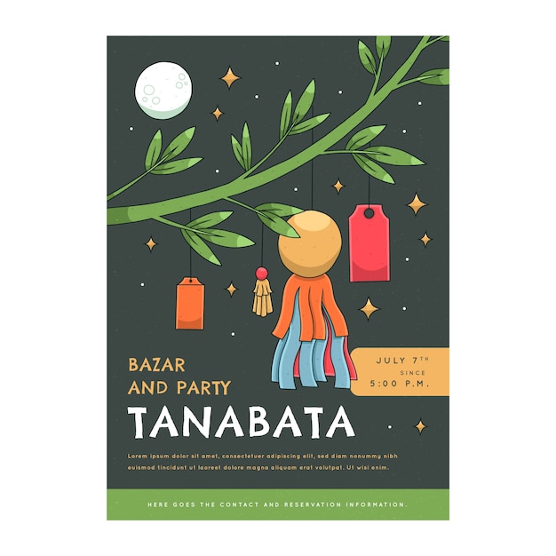 Modelo de cartaz de tanabata desenhado à mão com ornamentos