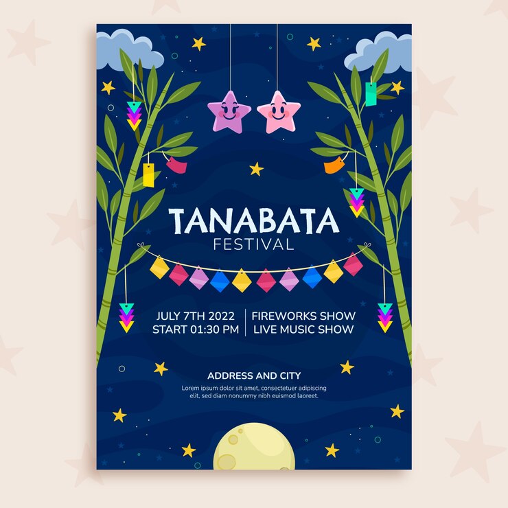 Vetor grátis modelo de cartaz de tanabata plano com bambu e lua