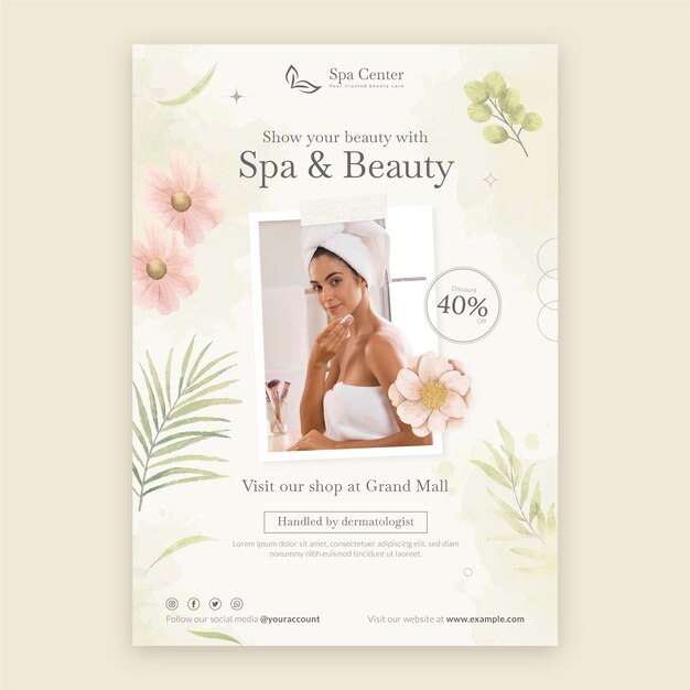 Modelo de cartaz de tratamento de spa em aquarela