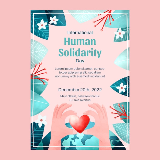 Vetor grátis modelo de cartaz do dia internacional da solidariedade humana em aquarela