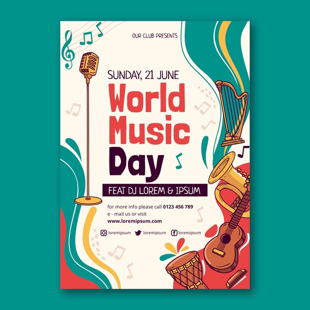 Modelo de cartaz do dia mundial da música desenhada à mão