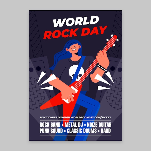 Vetor grátis modelo de cartaz do dia mundial do rock plano com músico tocando guitarra