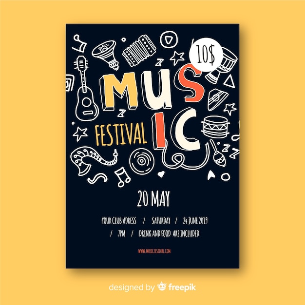 Modelo de cartaz do festival de música de mão desenhada