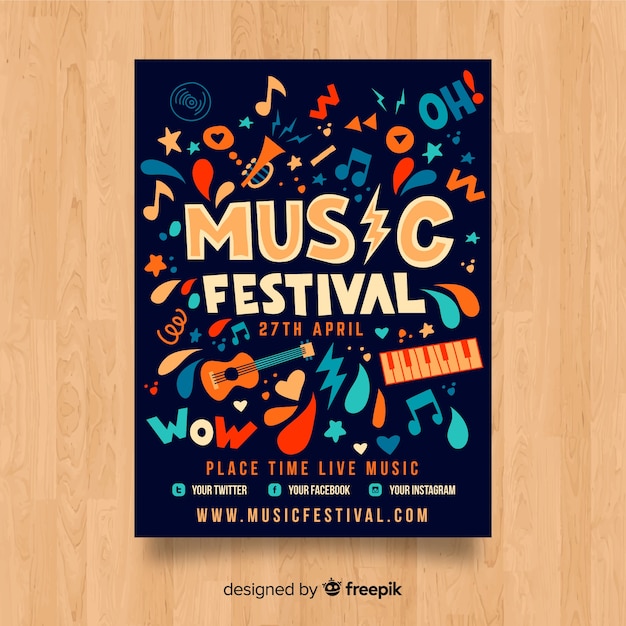 Vetor grátis modelo de cartaz do festival de música de mão desenhada