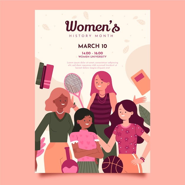 Vetor grátis modelo de cartaz do mês de história das mulheres planas