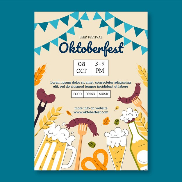 Modelo de cartaz plano desenhado à mão Oktoberfest