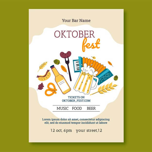 Modelo de cartaz plano desenhado à mão Oktoberfest