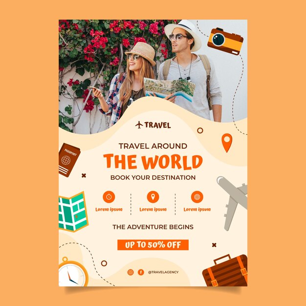 Modelo de cartaz vertical de agência de viagens plana