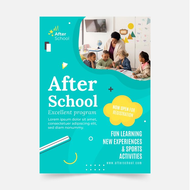 Modelo de cartaz vertical de atividades pós-escolares planas para crianças