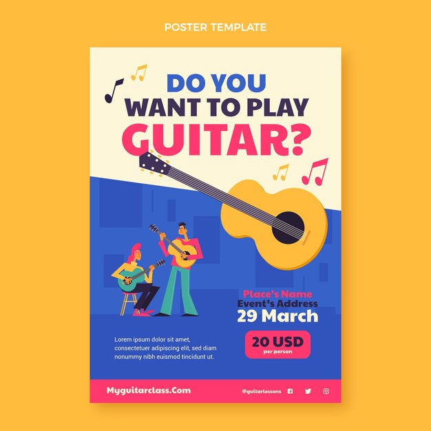 Modelo de cartaz vertical de aulas de guitarra plana