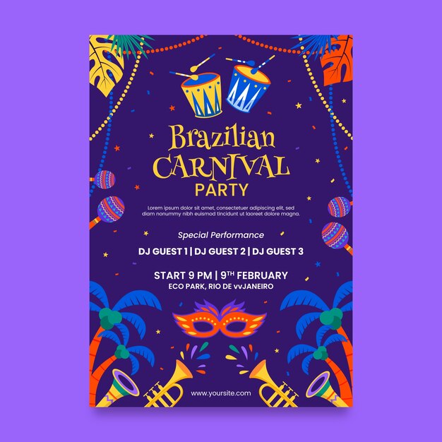 Modelo de cartaz vertical de carnaval brasileiro plano