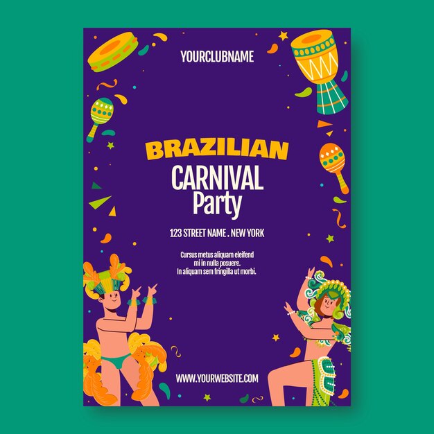 Modelo de cartaz vertical de celebração de carnaval brasileiro plano