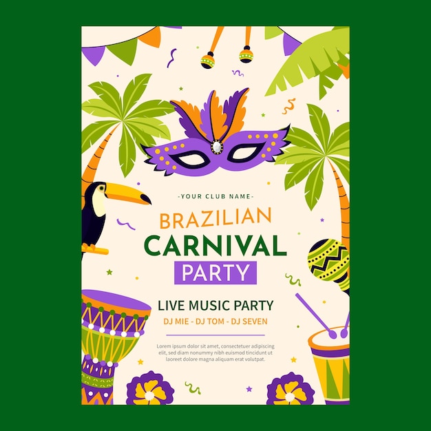 Modelo de cartaz vertical de celebração de carnaval brasileiro plano