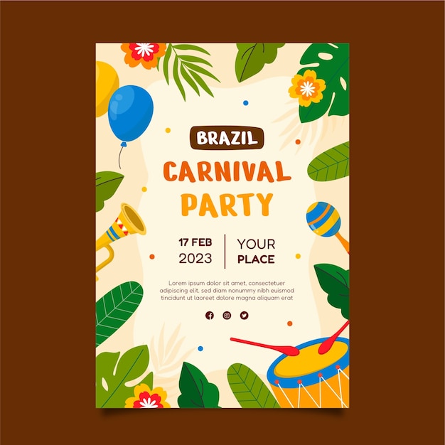 Vetor grátis modelo de cartaz vertical de celebração de carnaval brasileiro plano